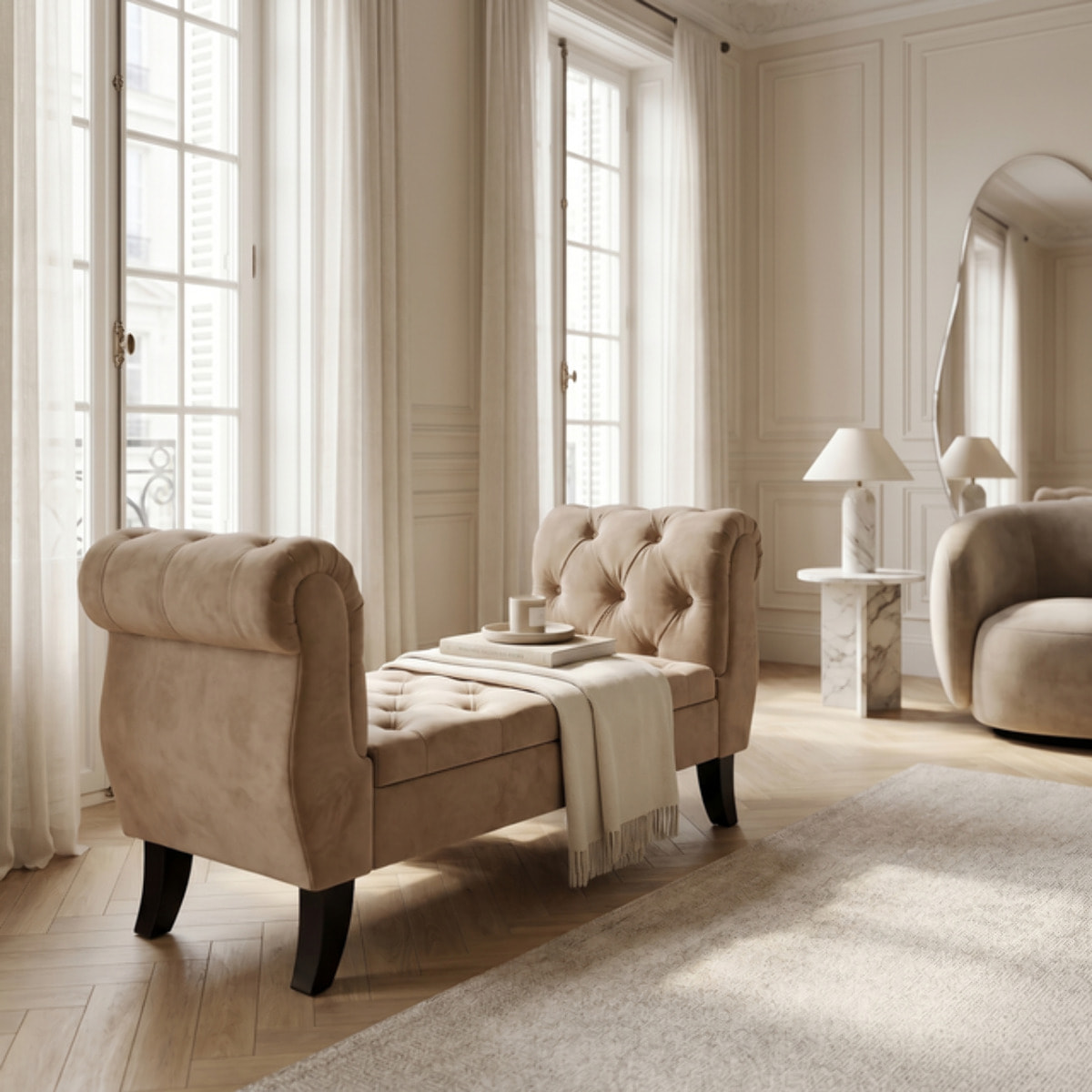 Divanetto Contenitore Imbottito in Effetto Velluto con Vano Contenitore Integrato, Seduta Elegante dallo Stile Classico per Camera da Letto, Ingresso e Soggiorno