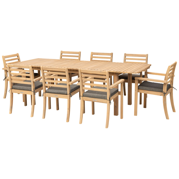 Salon de jardin extensible 180/240cm PADAR en acacia 8 places - coussins gris