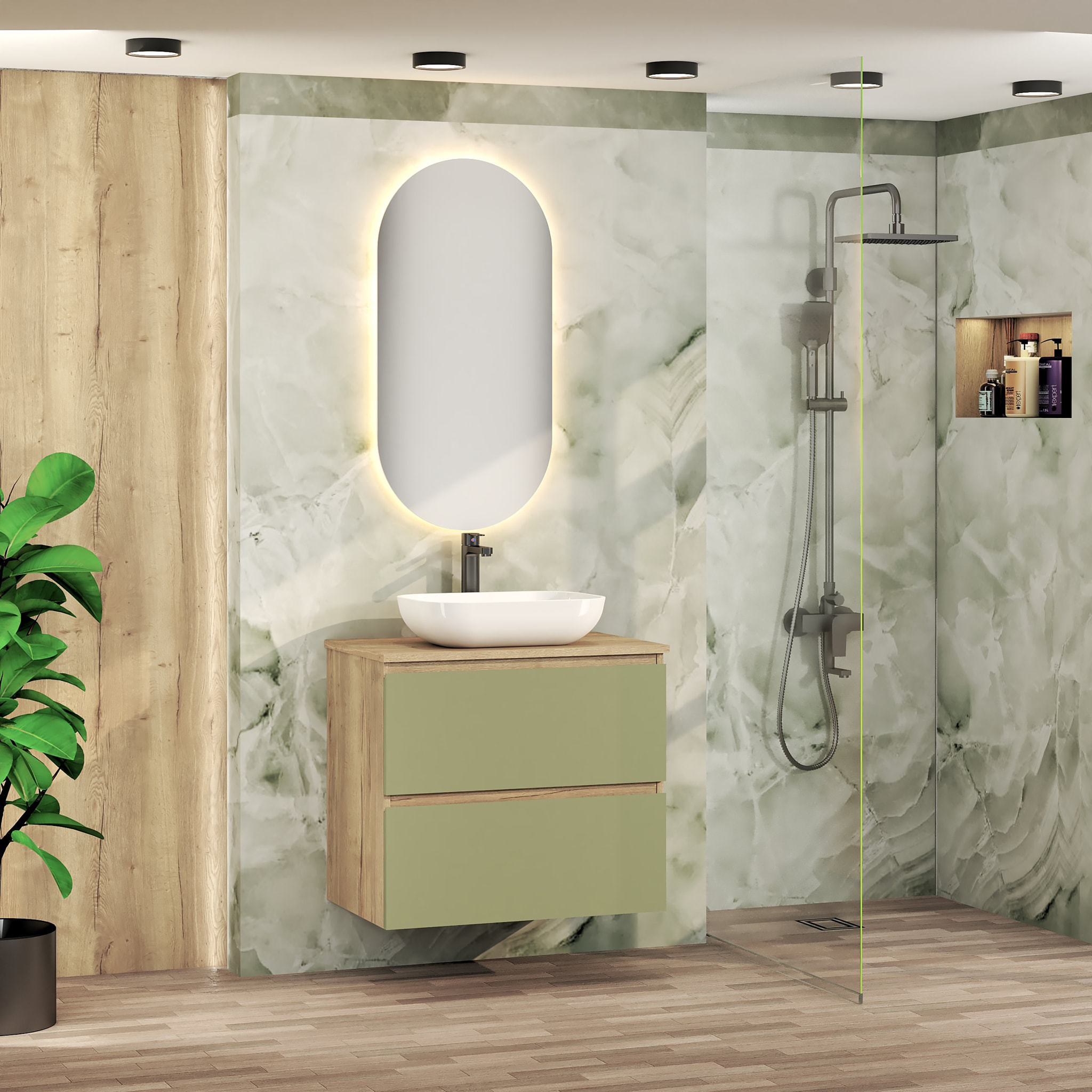 Ensemble de Salle de Bain Nia | Meuble Suspendu | 70 cm Vert | Deux Tiroirs |Lavabo sur Plan | Miroir non inclus | Meuble Monté | Alday