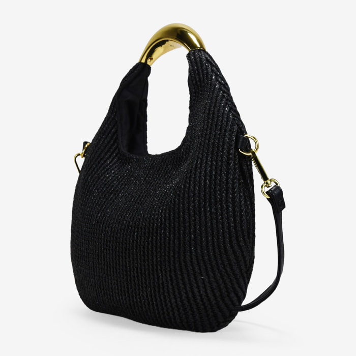 Bolso de mano negro en rafia con metal