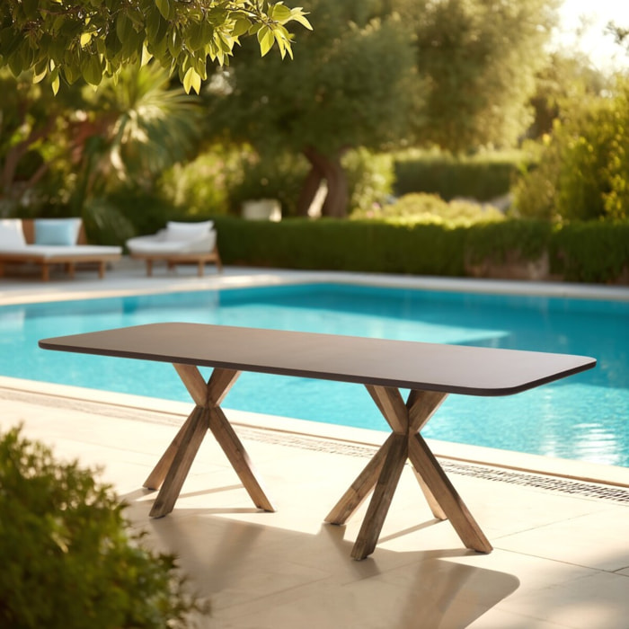 NESTOR - Table à manger 240x100cm effet béton marron pieds en bois d'acacia