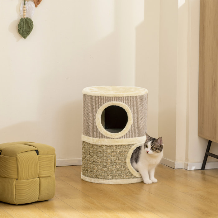 Barril Rascador para Gatos de 2 Niveles, Altura 49 cm, Tonel de Escalada con Cama, Cubierto de Sisal, Torre Rascador para Gatos, Ø35,5x49 cm, Caqui y Café