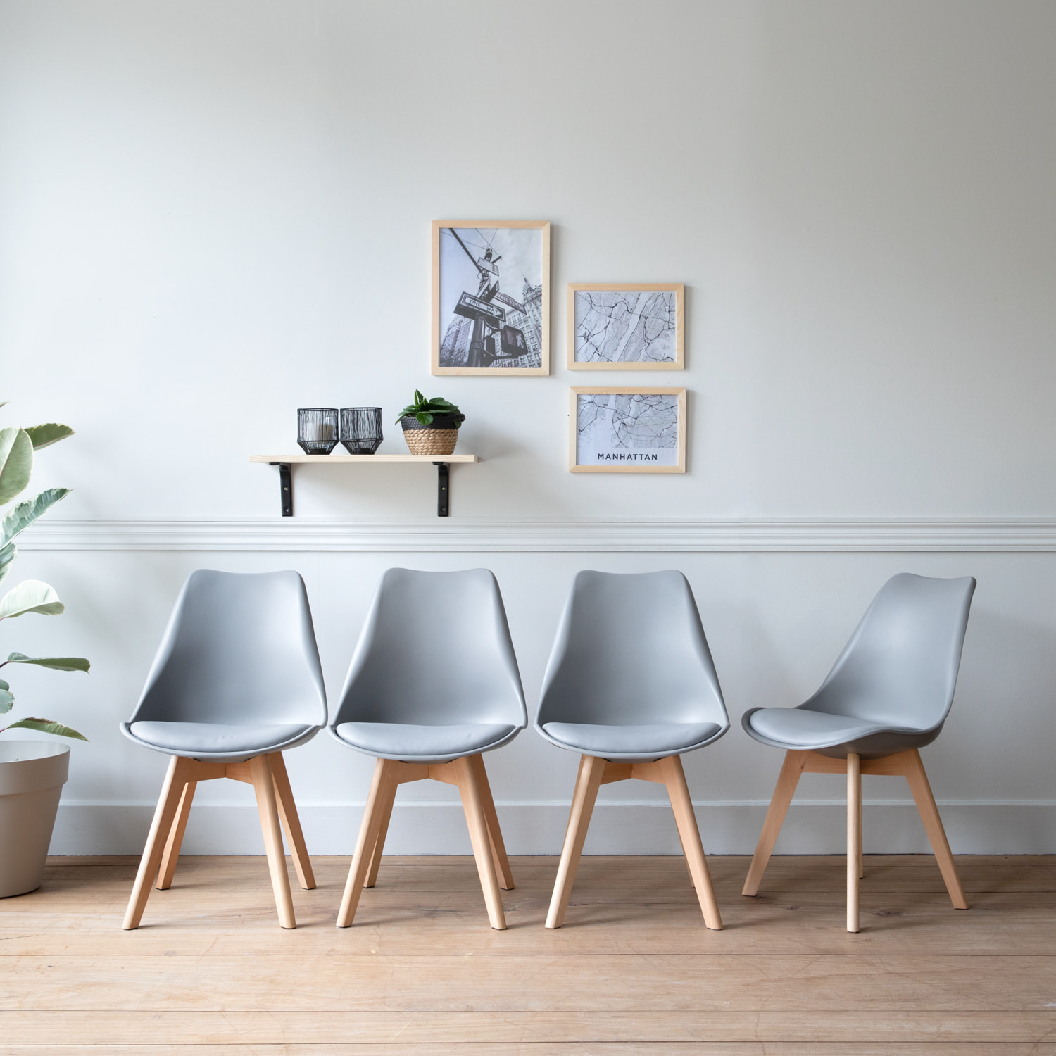 Lot de 4 chaises scandinaves NORA grises avec coussin