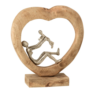 J-Line figurine Personnage Parent + Enfant Coeur - bois de Manguier/Aluminium - naturel/argent