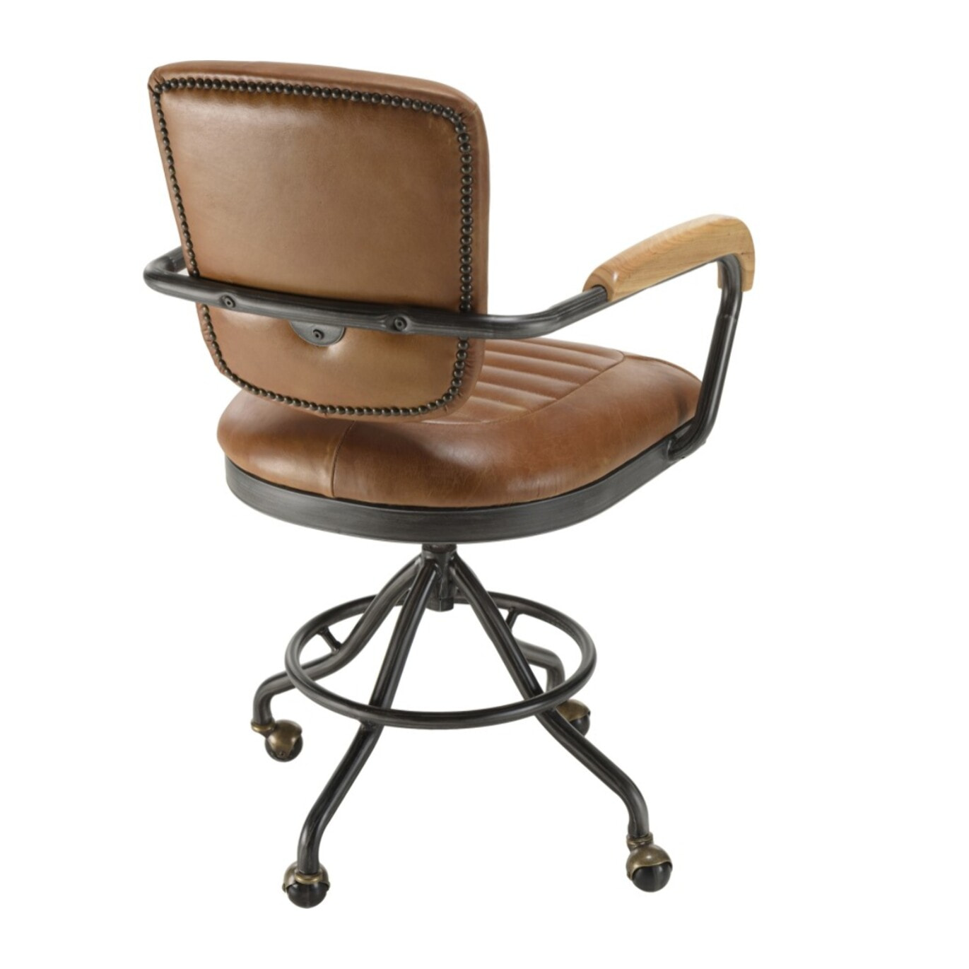 GASTON - Fauteuil DESK vintage cuir marron et métal noir à roulettes accoudoirs en bois