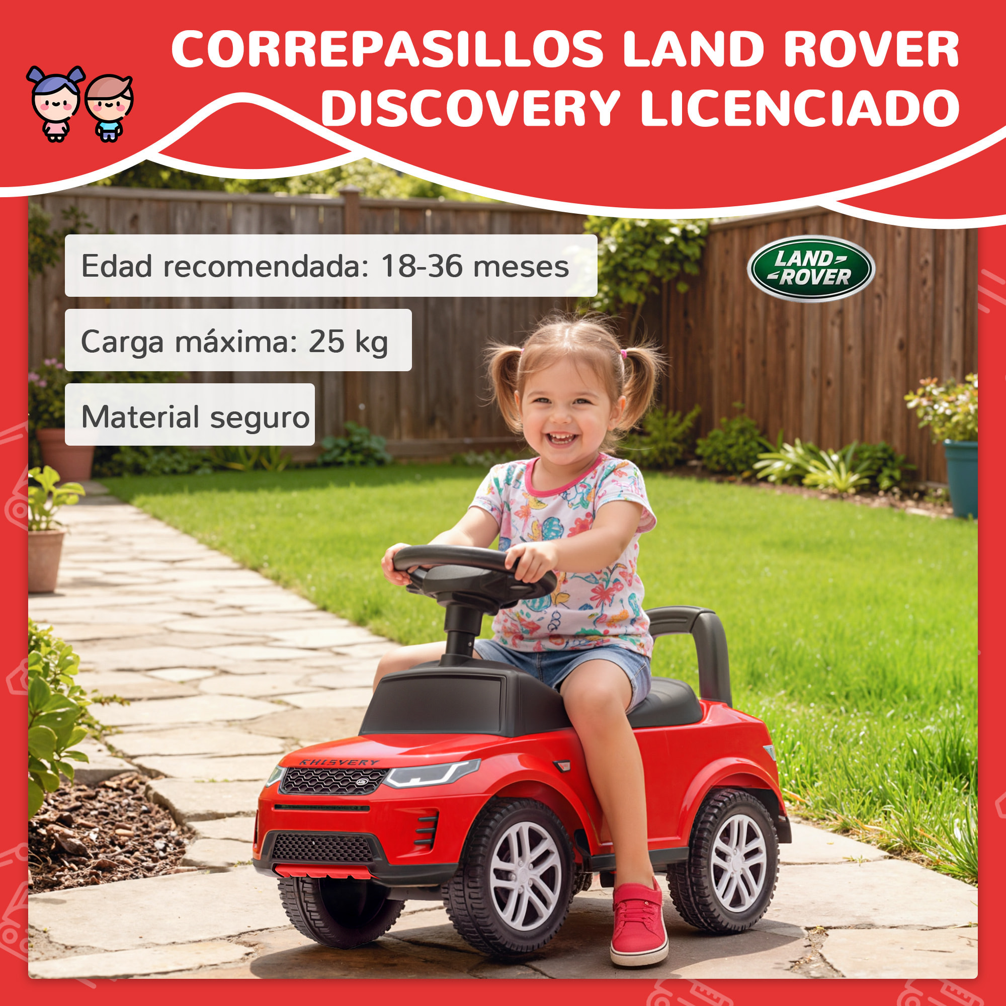Coche Correpasillos con Licencia de Land Rover, Correpasillos para Niños de 18-36 Meses con Almacenaje, Volante, Bocina, Sonidos de Motor, 65,5x28x42 cm, Rojo