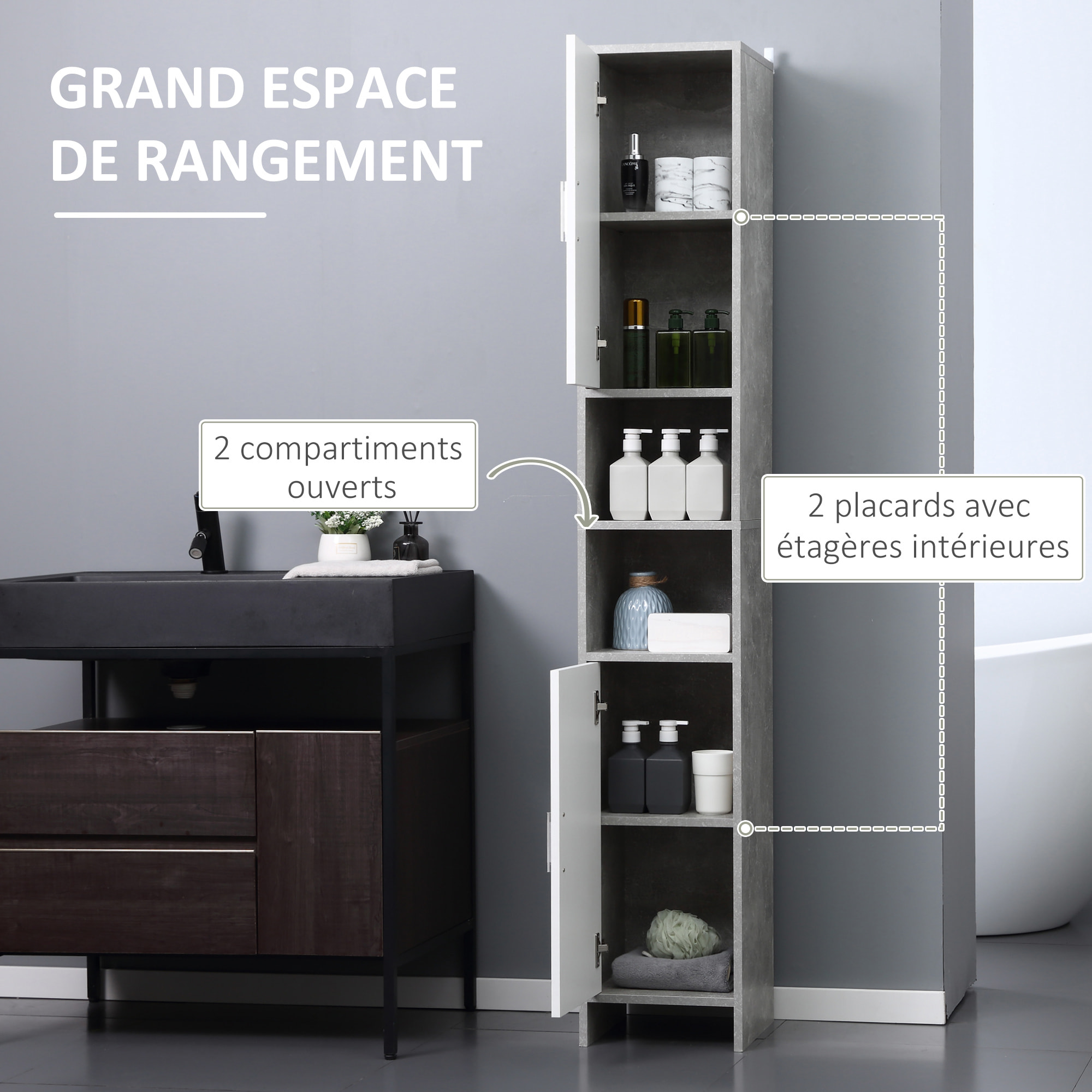 Meuble colonne rangement salle de bain dim. 30L x 30l x 180H cm 2 placards avec étagère + 2 niches panneaux particules aspect ciment blanc