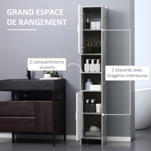 Meuble colonne rangement salle de bain dim. 30L x 30l x 180H cm 2 placards avec étagère + 2 niches panneaux particules aspect ciment blanc