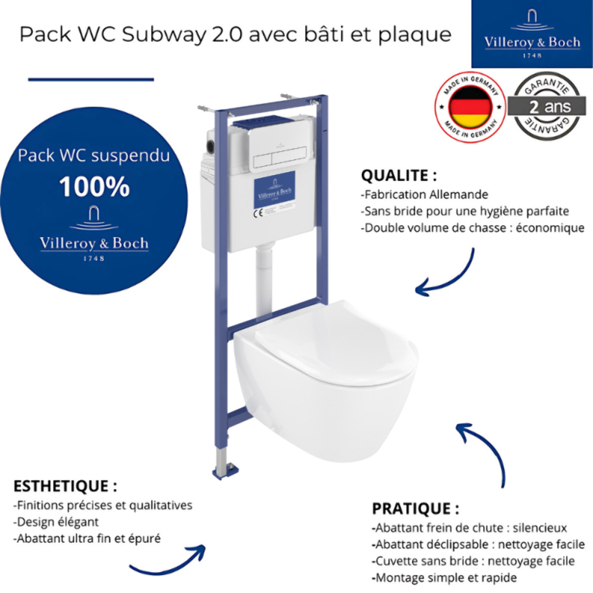 Pack WC sans bride Subway 2.0 abattant frein de chute + bâti-support sol et mur Viconnect PRO + plaque Chromé  + Tabouret bois