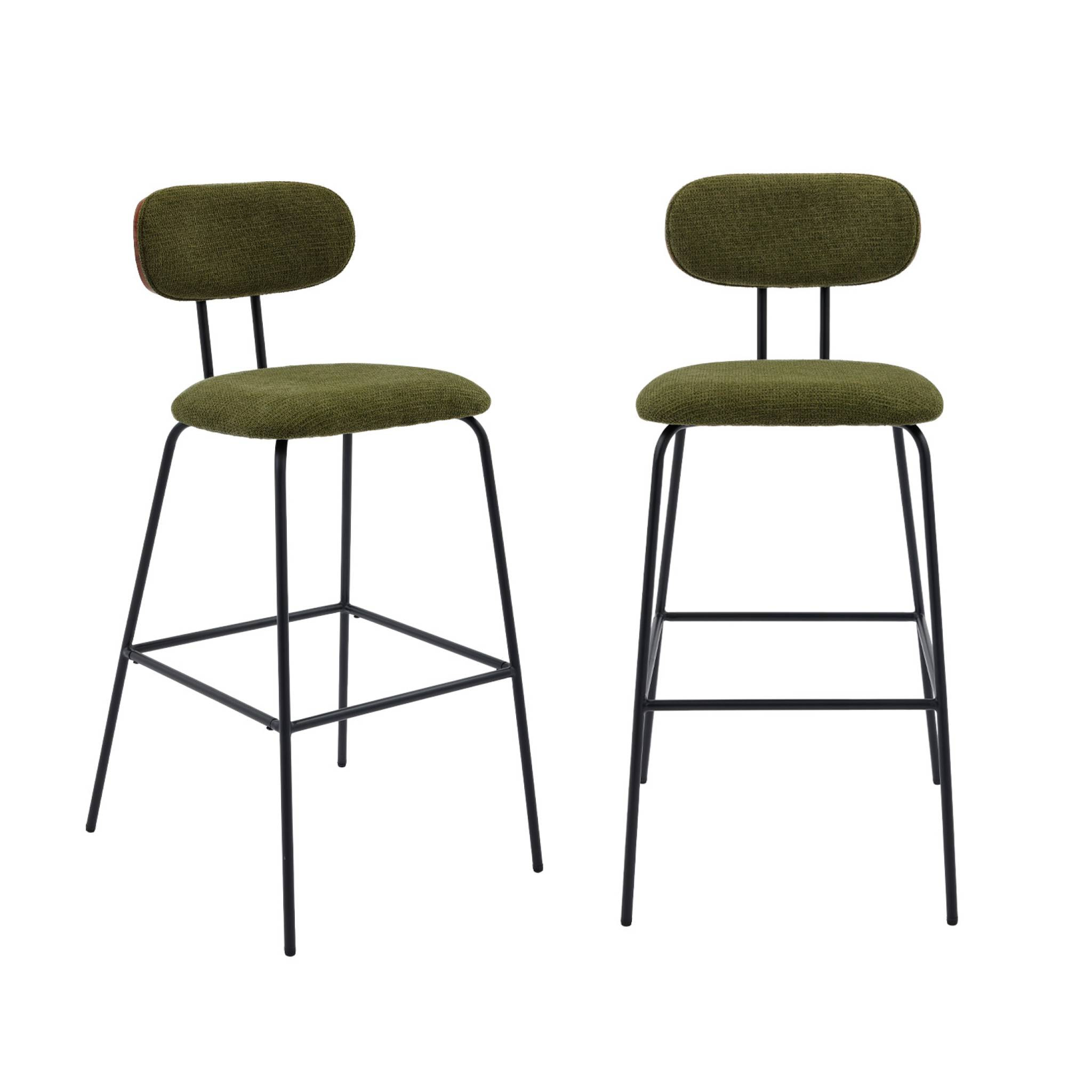 2 tabourets de bar décor bois courbé teinté noyer et tissu déperlant kaki. pieds métal noir mat (lot de 2) - L 44 x P 51 x H 103cm - Erin