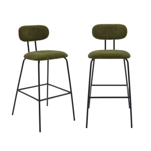 2 tabourets de bar décor bois courbé teinté noyer et tissu déperlant kaki. pieds métal noir mat (lot de 2) - L 44 x P 51 x H 103cm - Erin