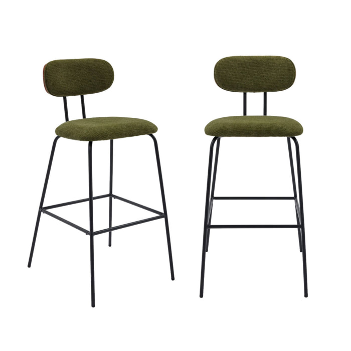 2 tabourets de bar décor bois courbé teinté noyer et tissu déperlant kaki. pieds métal noir mat (lot de 2) - L 44 x P 51 x H 103cm - Erin