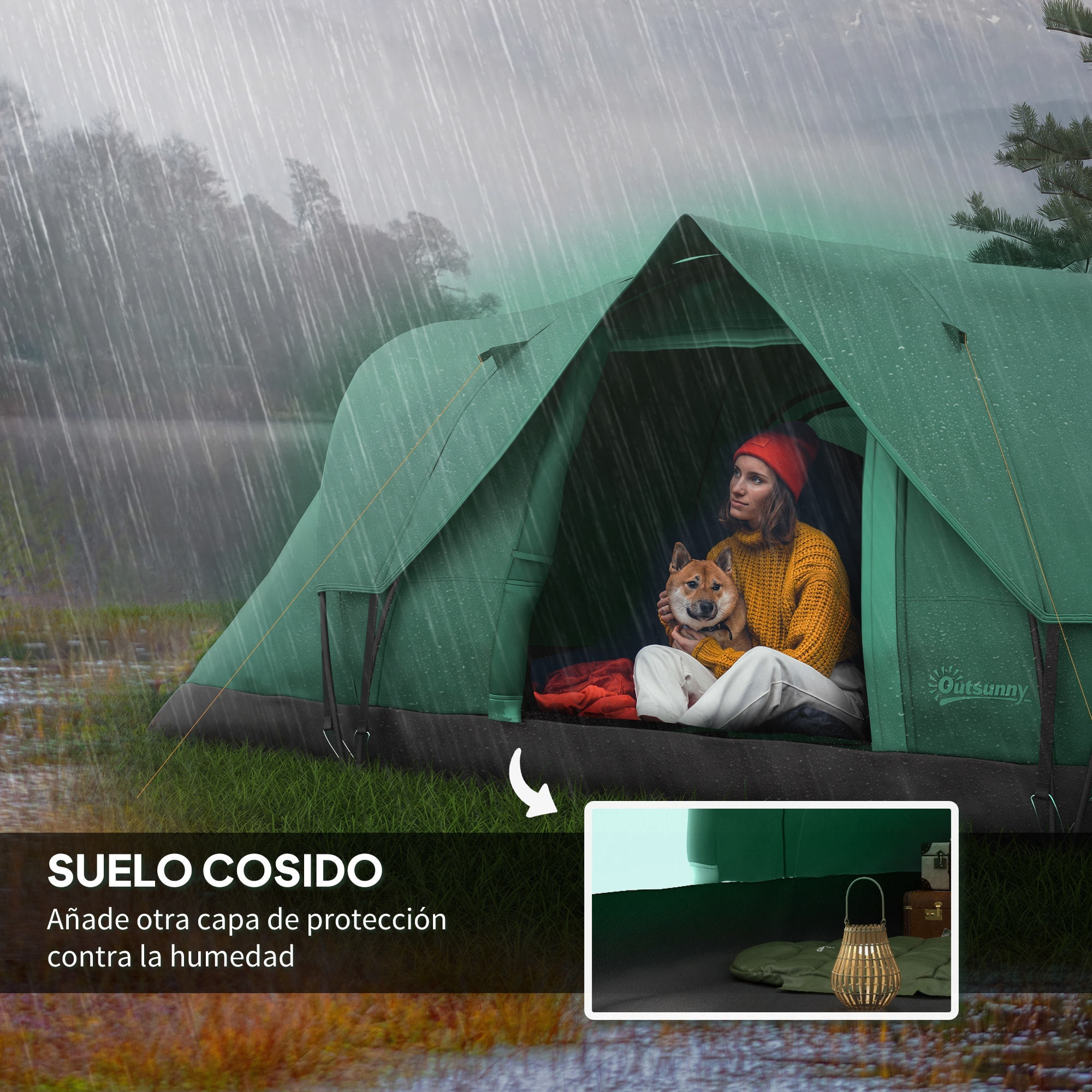 Tienda de Campaña Familiar para 5-6 Personas Tienda de Acampada de Túnel Impermeable 3000mm+ Tienda de Camping con Bolsa de Transporte y Gancho para Pescar Senderismo 455x230x180 cm Verde