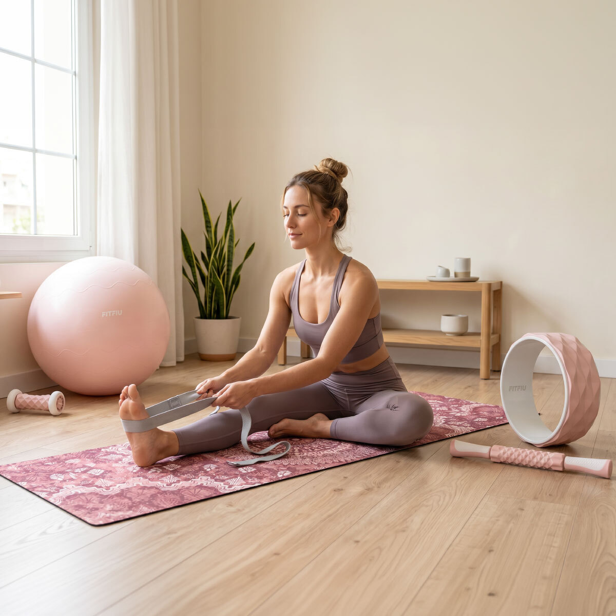 Kit de yoga et Pilates ROSE 6 accessoires avec tapis, ballon, roue, masseurs et sangle