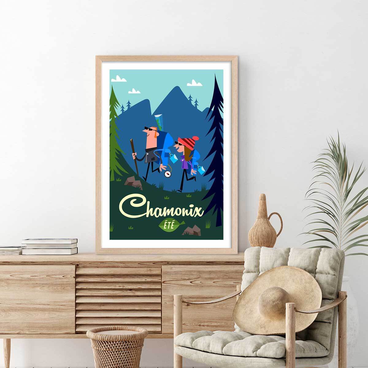 Poster de rando à chamonix Affiche + cadre en bois - Chêne