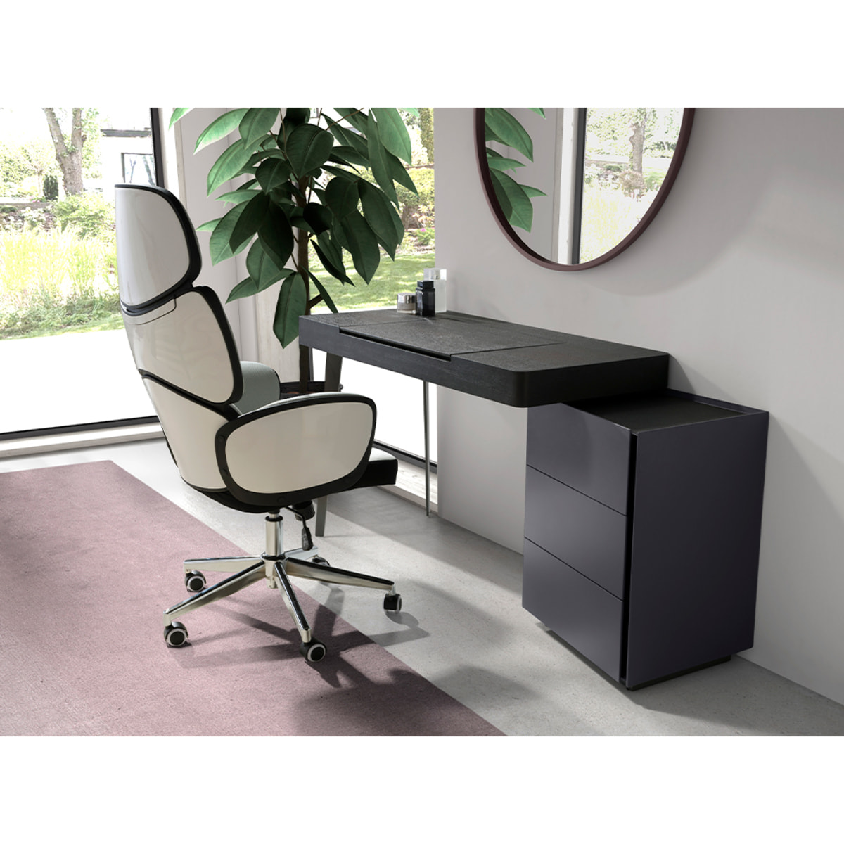Silla Angel Cerdá oficina giratoria con asiento tapizado en tela gris claro y respaldo de pvc blanco acabado brillo con reposabrazos 64x69x118cm