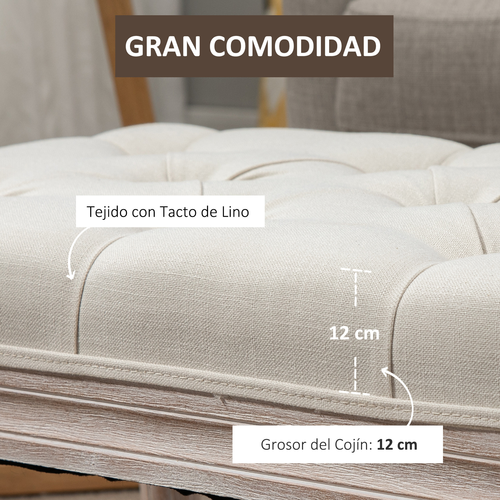 Taburete para Pie de Cama Tapizado en Tela con Asiento Acolchado y Patas de Madera Banqueta de Estilo Vintage para Dormitorio Recibidor Salón 80x40x43 cm Beige