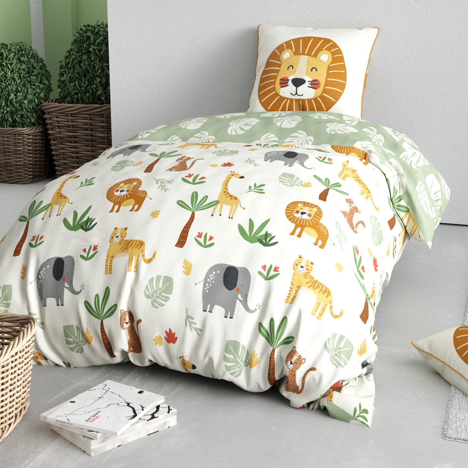 Parure de lit enfant imprimé 100% coton - savane - vert
