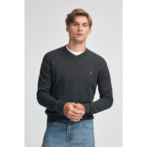 Jersey gris oscuro vigoré de cuello pico y mezcla lana con bordado Rigby Go