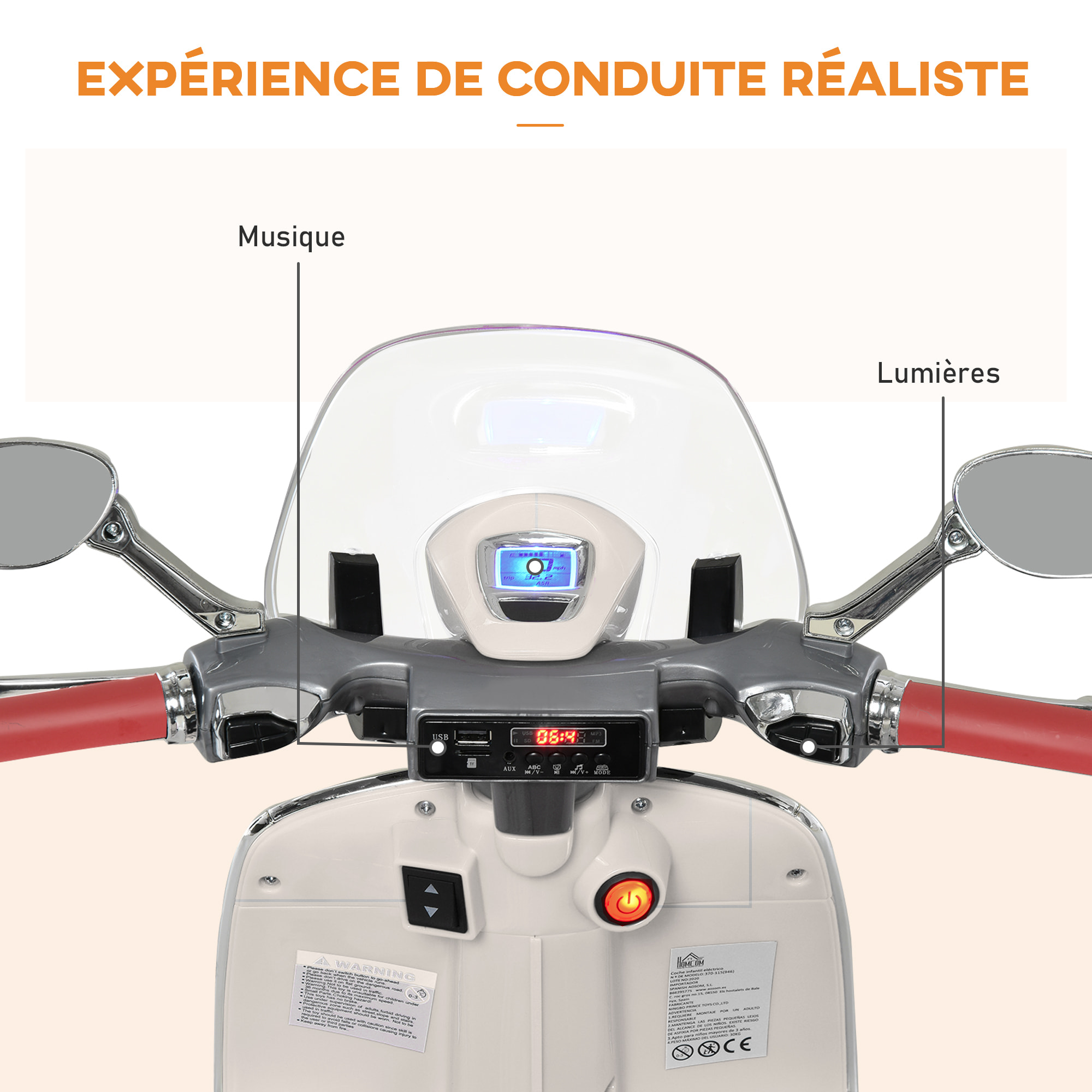 Scooter moto électrique enfant Vespa 6V 30W 2 roulettes auxiliaires effets sonores lumineux crème