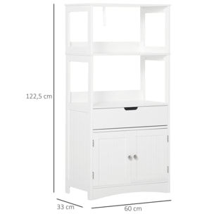 Meuble de rangement salle de bain - 2 portes, tiroir, 3 étagères - dim. 60L x 33l x 122H cm - MDF blanc