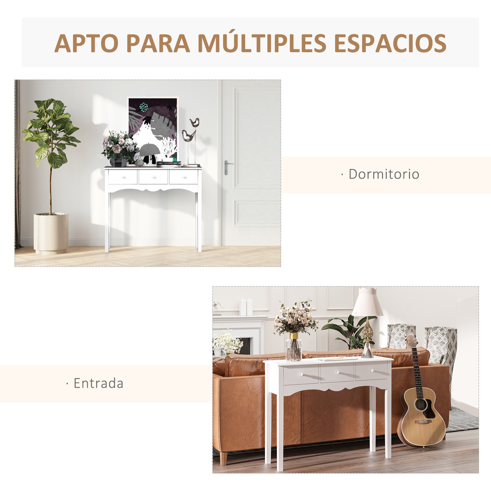 Mueble Mesa Recibidor Entrada Tocador Consola con 3 Cajones 100x32x85cm Blanco