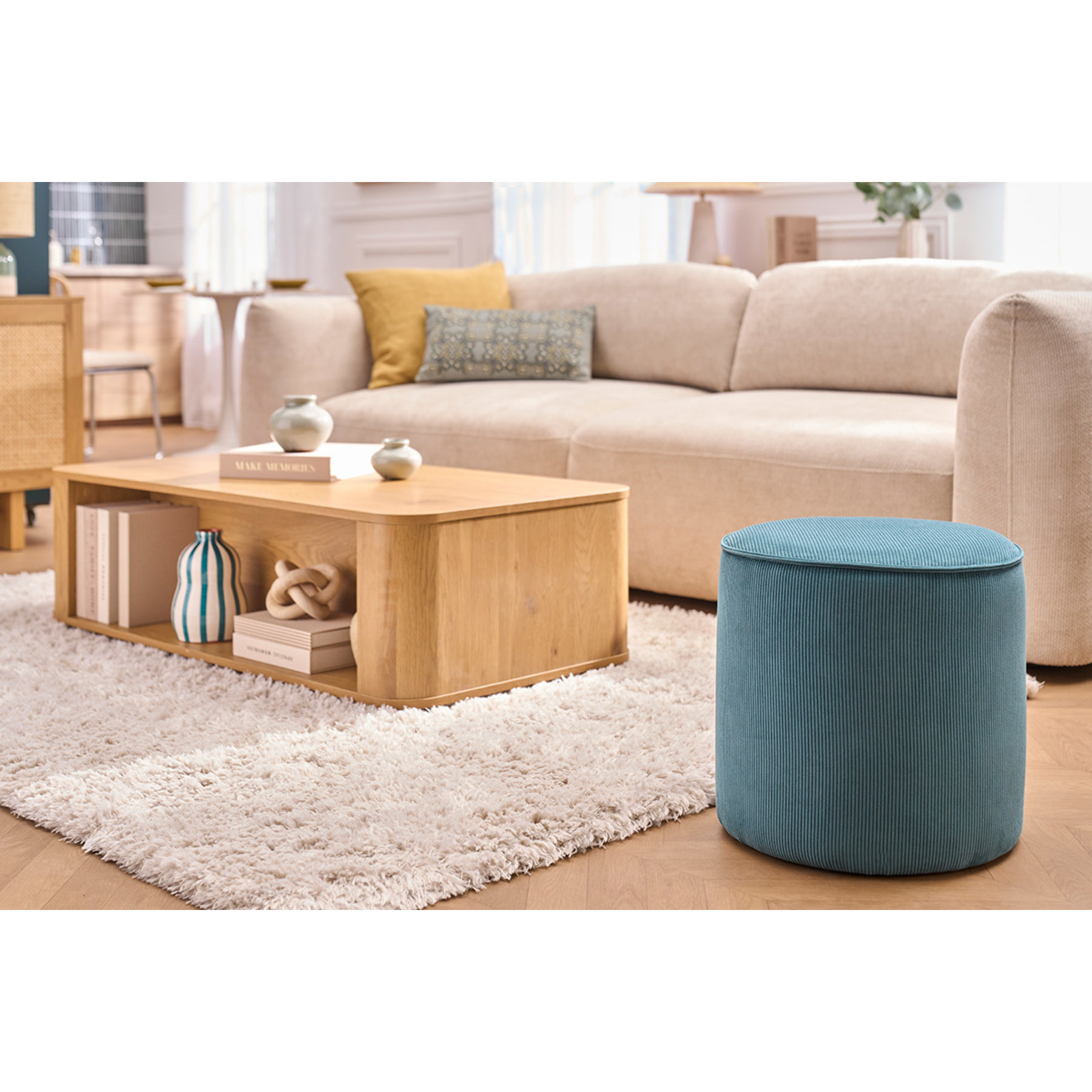 Pouf rond en tissu velours côtelé bleu canard D40 cm PAUL