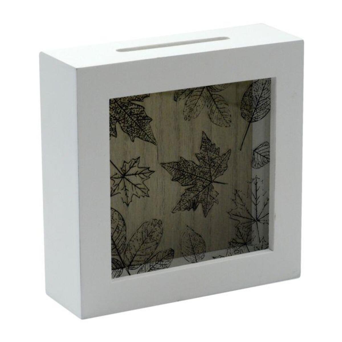 Salvadanaio con stampa foglie in legno cm15x5h15