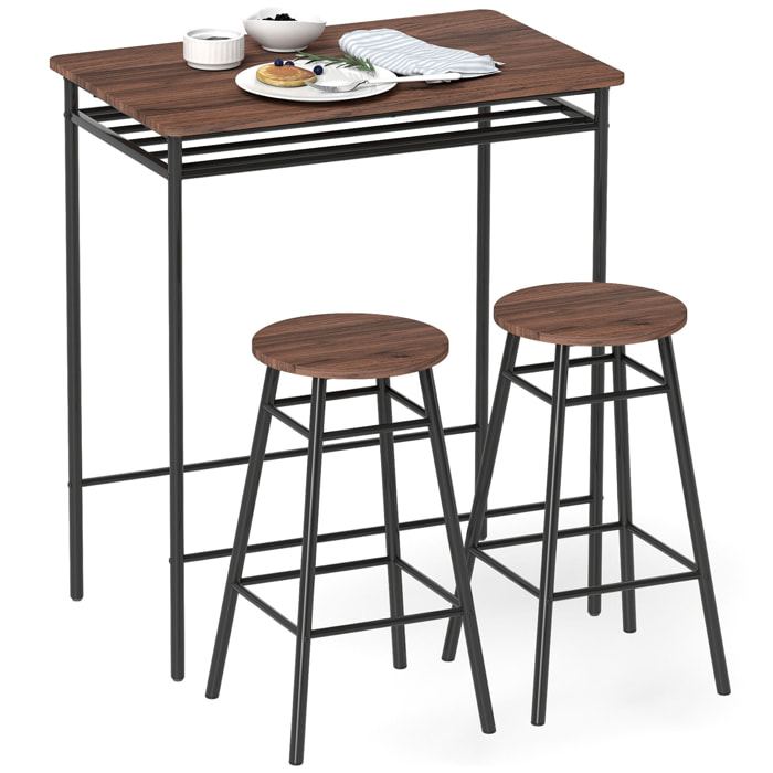 Juego de Mesa y Taburetes de Bar, Mesa Alta de Cocina con 2 Taburetes Industrial, Estante Abierto, Reposapiés, Ahorro de Espacio, para Espacios Reducidos, Comedor, Salón, Marrón