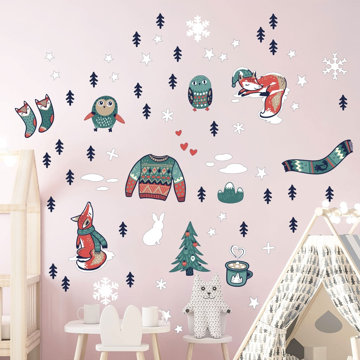 Stickers Noël renards hivernales - Autocollants stickers adhésifs noël - décoration fêtes