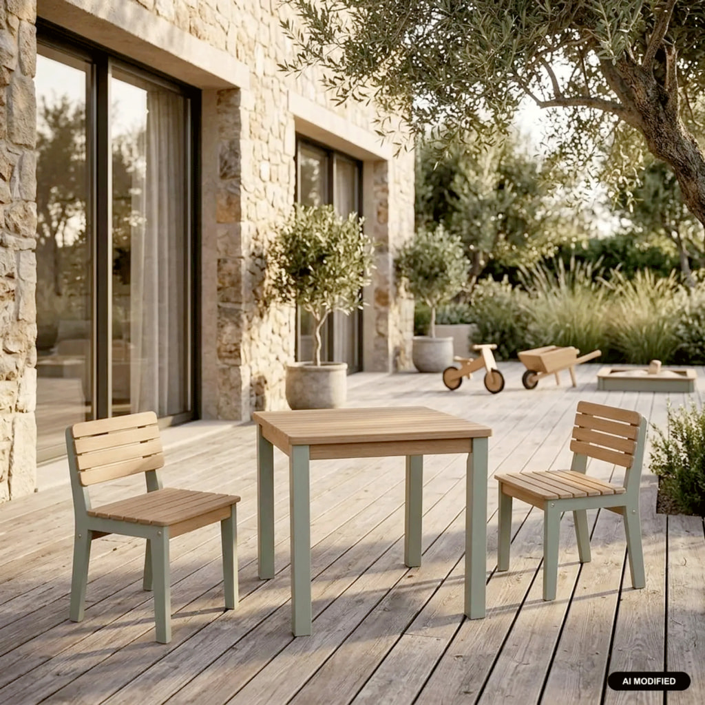 Table de jardin enfant intérieur/extérieur bois d'acacia + 2 assises CAROLINE