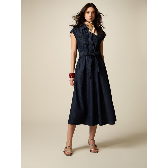 Oltre - Vestido camisero en denim con bordados - Azul