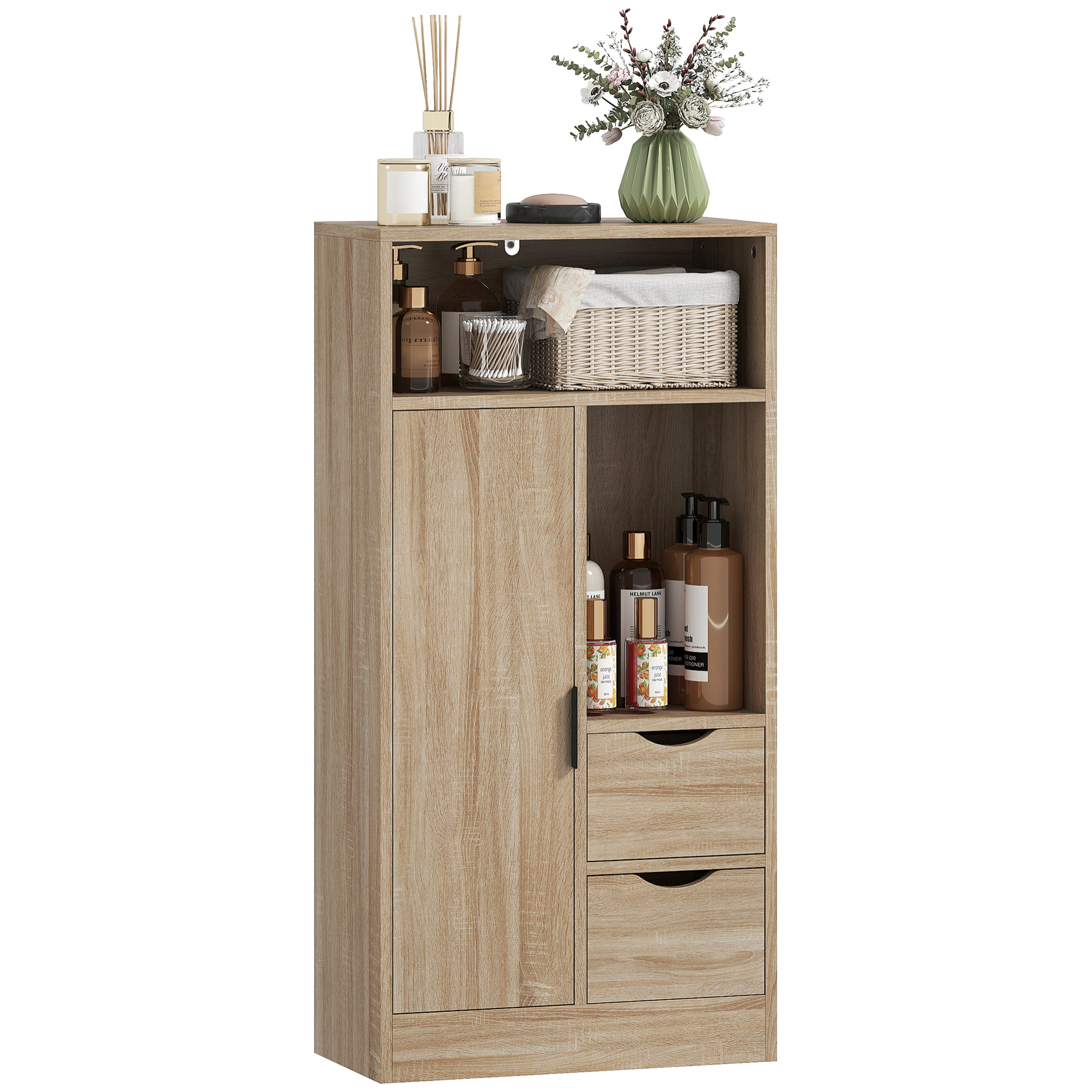 Meuble bas salle de bain porte étagère 2 niches 2 tiroirs - 50 x 25 x 100 cm - naturel