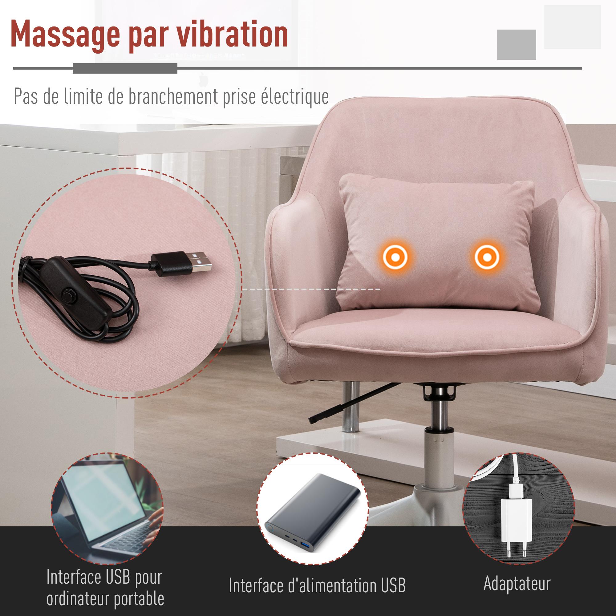 Homcom - Chaise de bureau velours fauteuil bureau massant coussin lombaire  intégré hauteur réglable pivotante 360° rose poudré