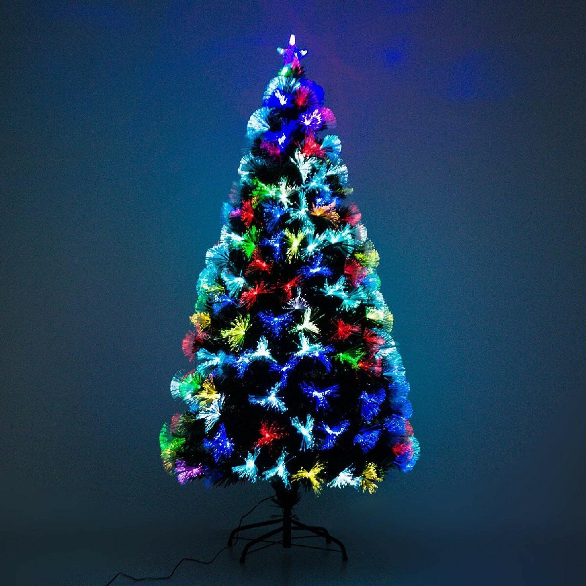 Sapin de Noël artificiel lumineux fibre optique LED multicolore + support pied Ø 74 x 150H cm 180 branches étoile sommet brillante vert