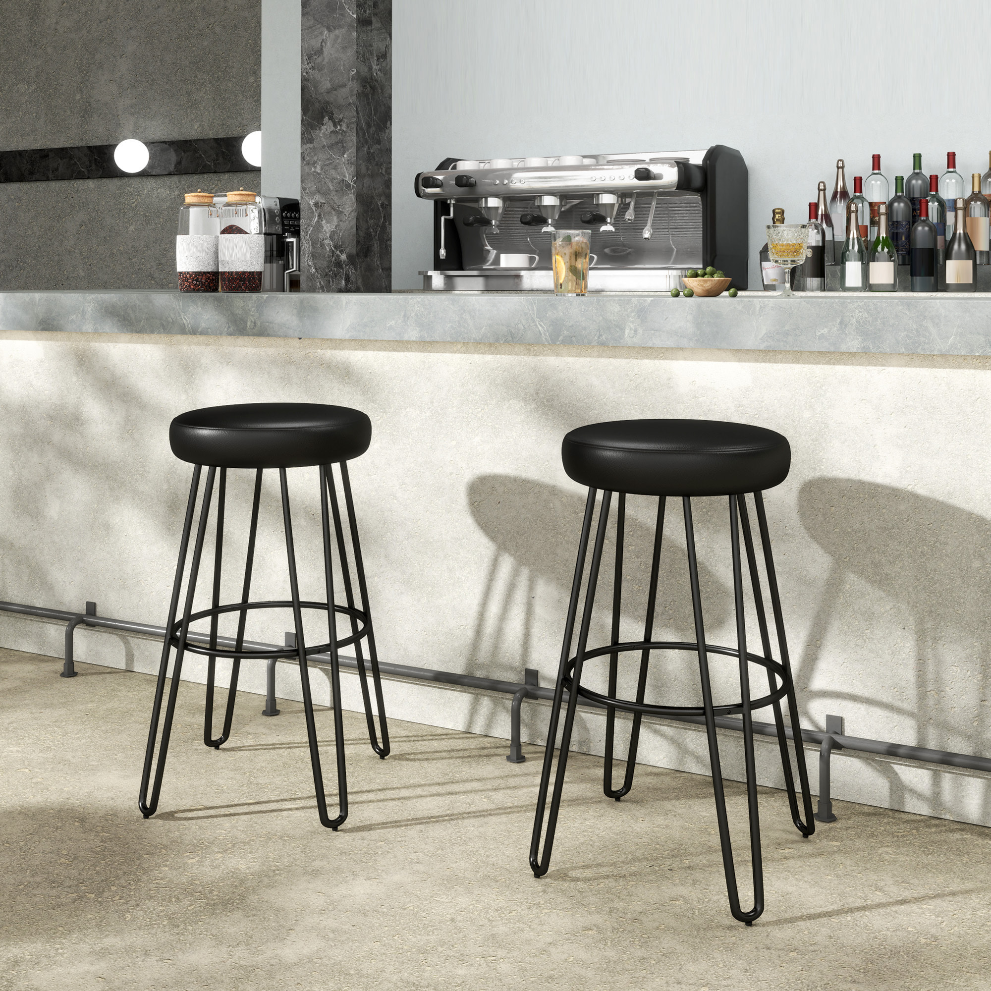 Lot de 2 tabourets de bar style industriel - repose-pieds - piètement épingle acier assise ronde noir