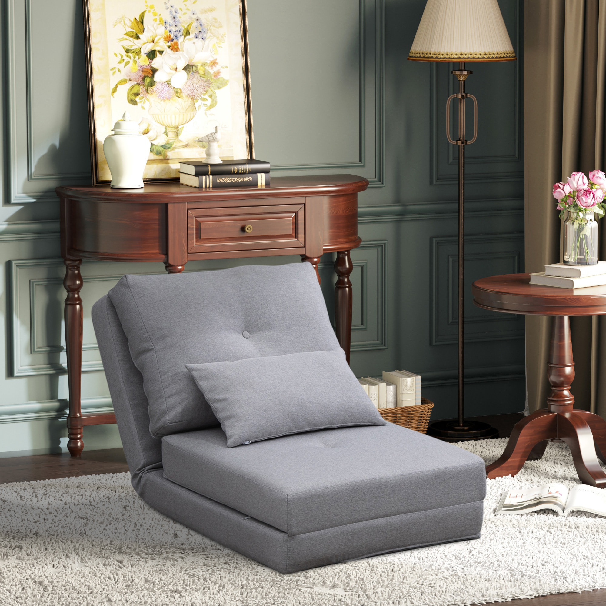 HOMCOM Sofá Cama Individual Plegable 3 en 1, Sofá Cama, Tapizado en Lino, con Respaldo Ajustable 5 Posiciones, Almohadas, Marco Metálico, para Dormitorio, Salón, Gris Claro