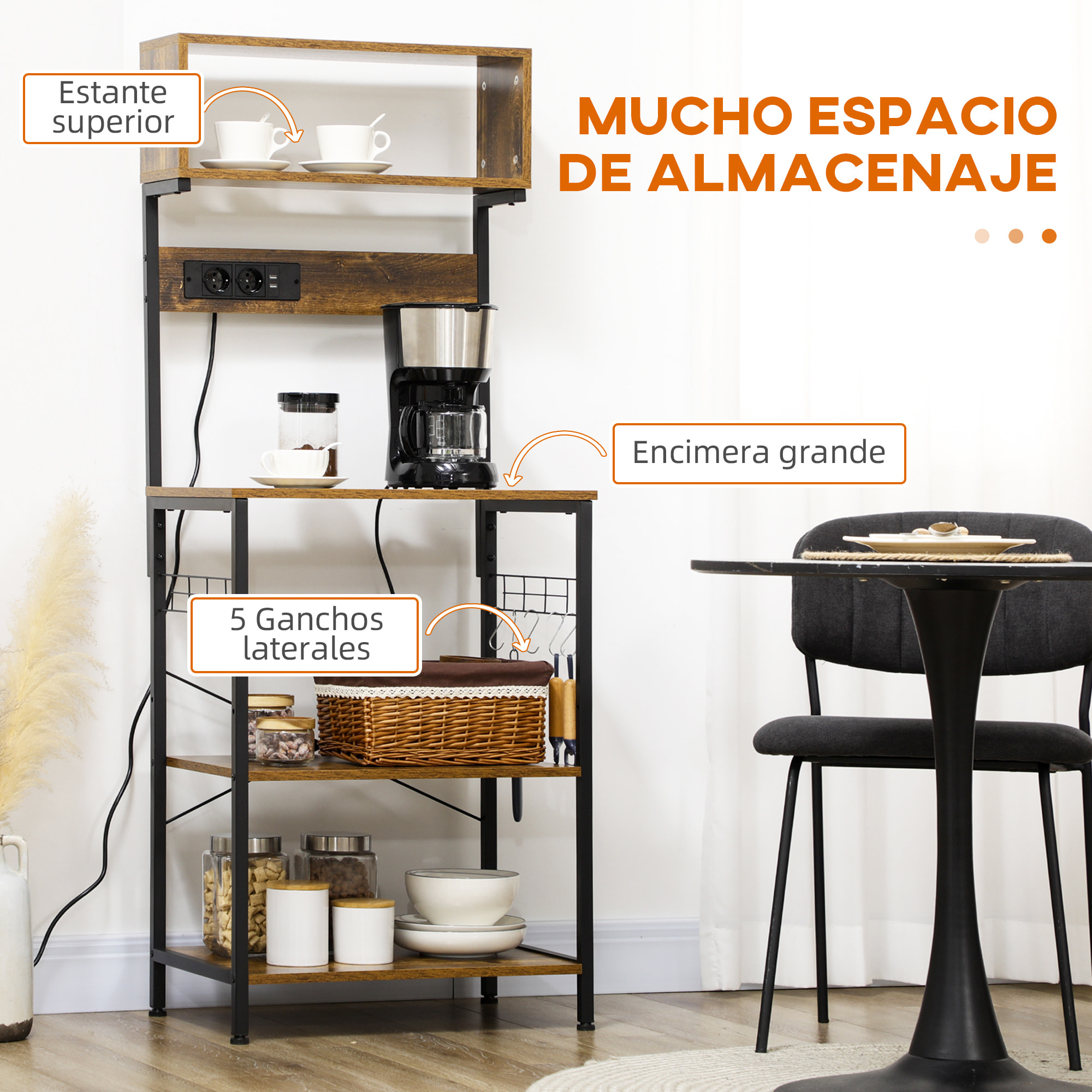 Estantería de Cocina con 2 Cargadores USB Estantería para Microondas Mueble Auxiliar de Cocina con Toma de Corriente 5 Ganchos y Estante Ajustable 60x42x153 cm Marrón Rústico