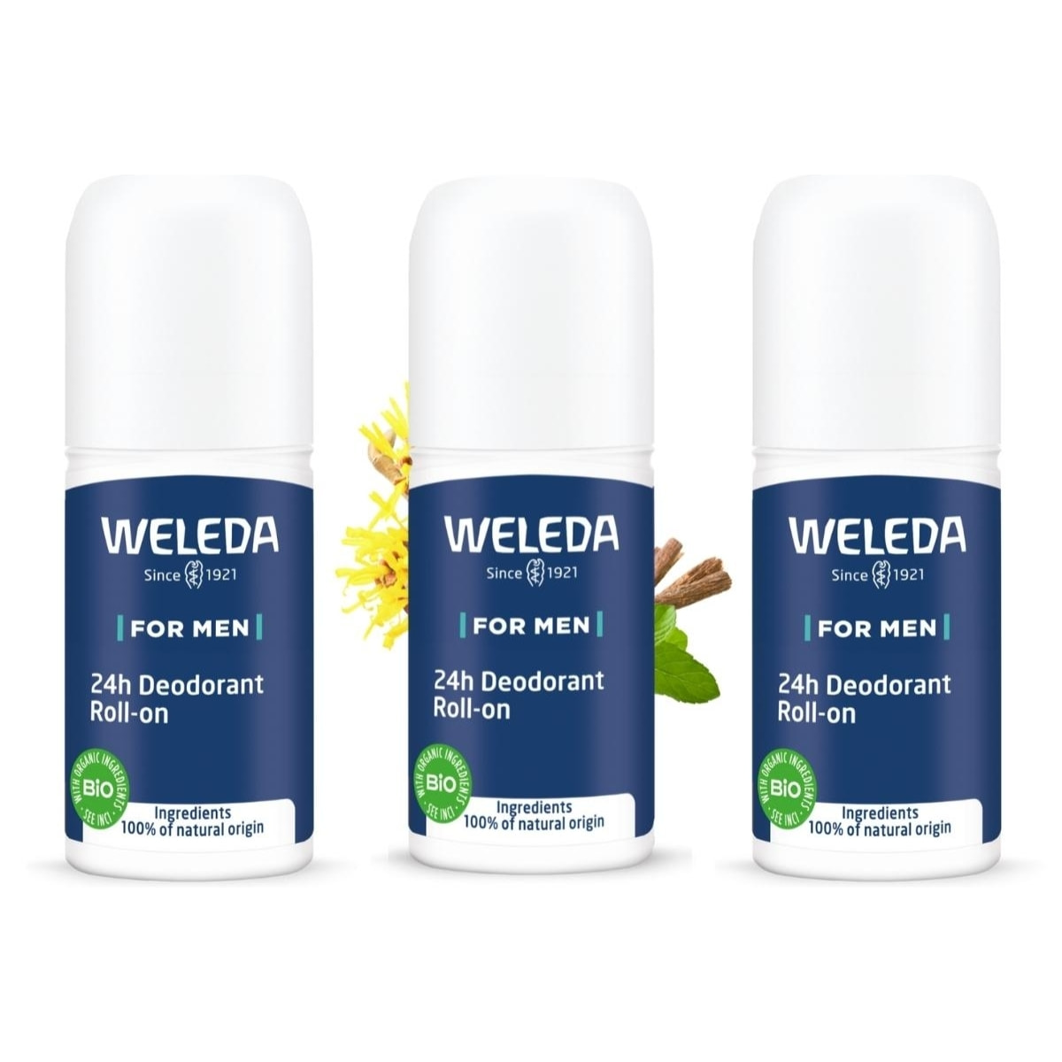 WELEDA - Trio Déodorant roll-on 24H Homme - 100 % d'origine naturelle - Vegan* - Certifié Natrue** - Roll-on 50 ml x 3