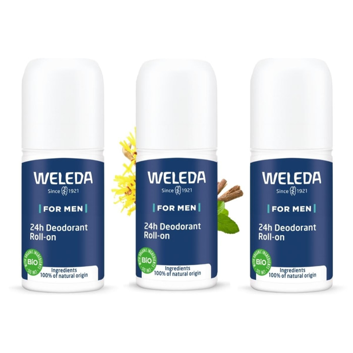 WELEDA - Trio Déodorant roll-on 24H Homme - 100 % d'origine naturelle - Vegan* - Certifié Natrue** - Roll-on 50 ml x 3
