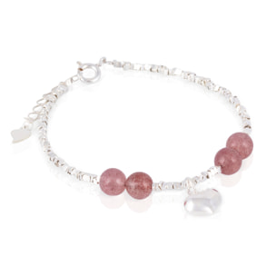Bracciale in argento con design di palline in quarzo fragola, dettagli in argento sterling 925 e chiusura a molla.
