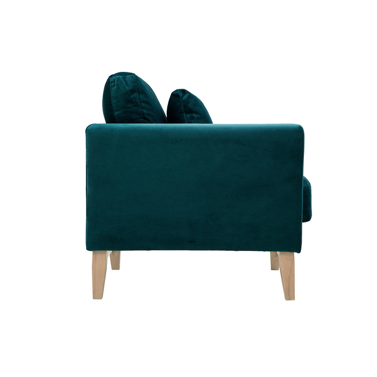 Fauteuil scandinave déhoussable en tissu velours bleu pétrole et bois clair OSLO