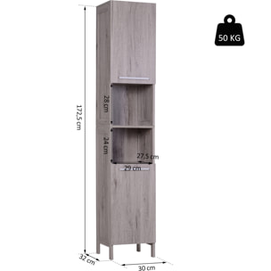 Meuble colonne rangement salle de bain dim. 30L x 32l x 172H cm 2 placards avec étagère + 2 niches MDF imitation bois gris