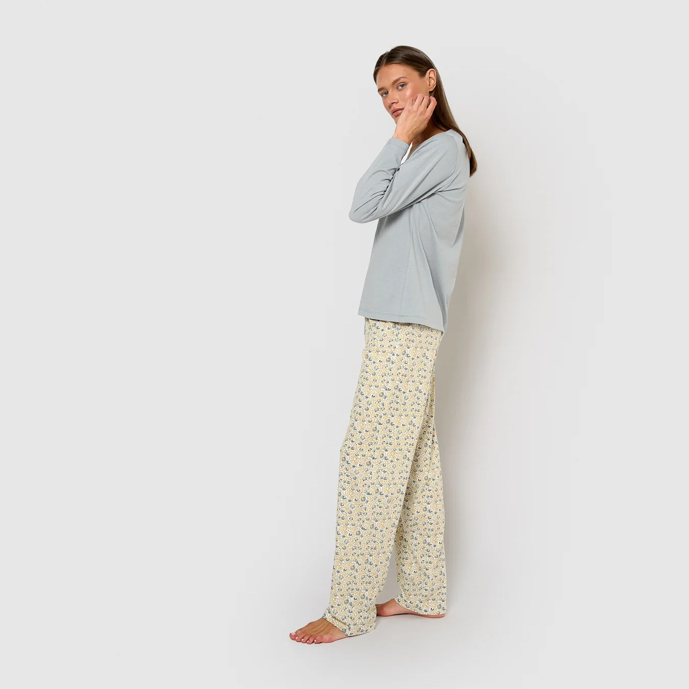 Pijama largo de algodón con escote pico domana azul agua
