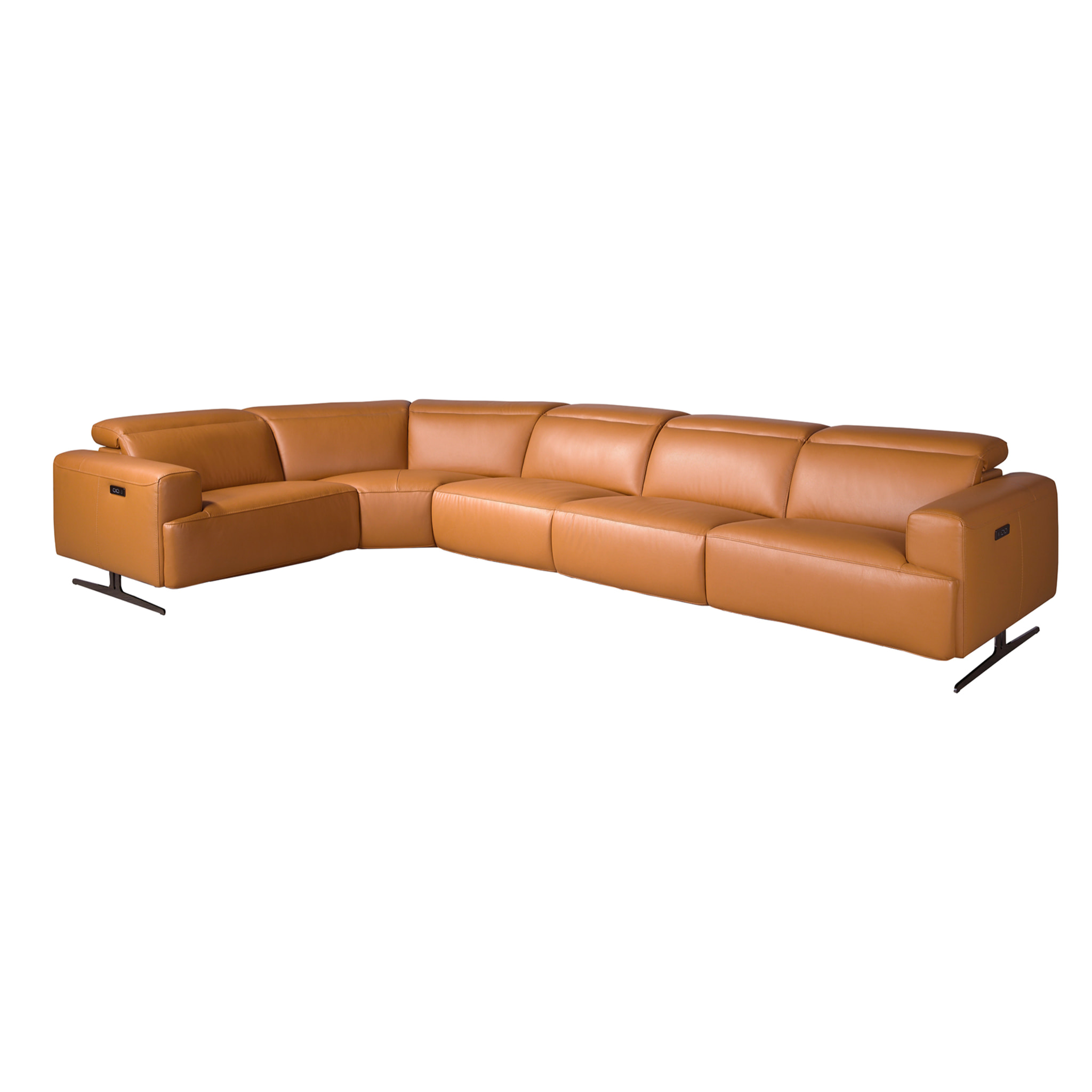 Sofá rinconera relax izquierda de 5 plazas tapizado en piel de origen vacuno en marrón con reposacabezas para garantizar una mayor comodidad patas de acero inoxidable en epoxi negro 310x310x97cm
