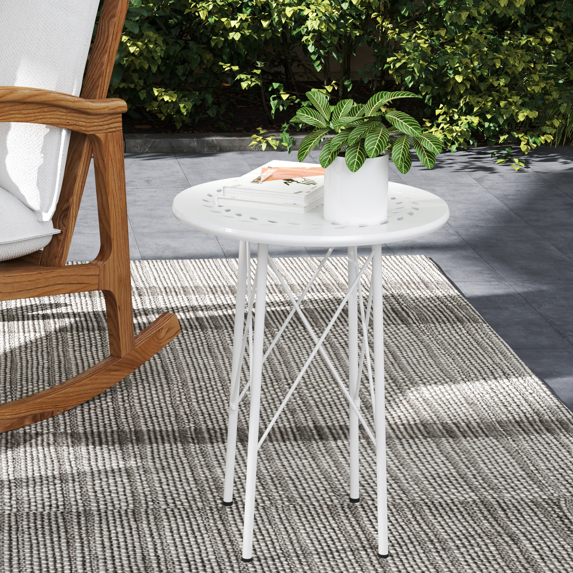 Mesa de Jardín Redonda Mesa de Terraza Exterior Ø40x50 cm con Patas Ajustables y Estructura en Forma de X Mesa para Exterior e Interior Blanco