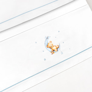 Triptico Cuna Estampado Oso Luna Estrellas + Broche Bco/Azul