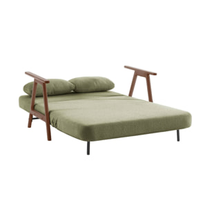 Banquette canapé convertible 2 places bois d'hévéa teinté noyer clair et bouclette texturée kaki L 133 x P 81 x 84cm - Sven