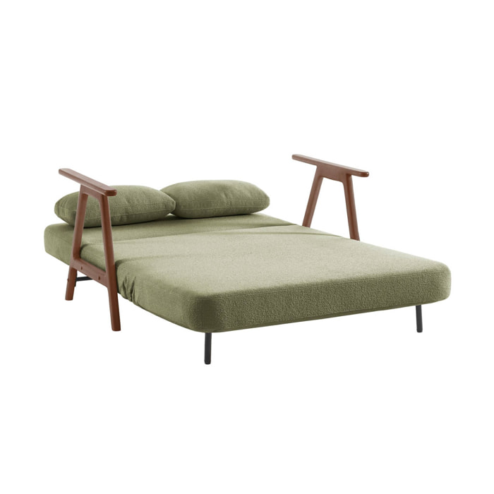Banquette canapé convertible 2 places bois d'hévéa teinté noyer clair et bouclette texturée kaki L 133 x P 81 x 84cm - Sven