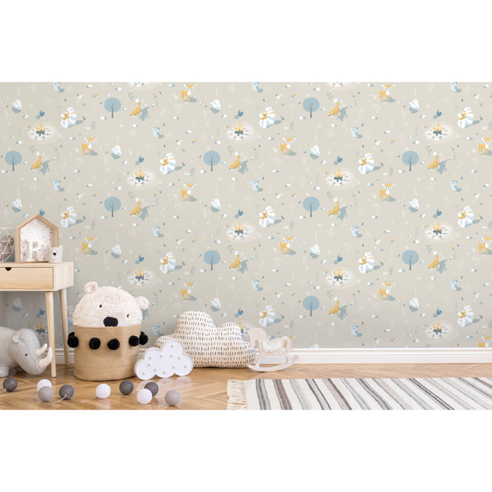 Papier peint enfant animaux forêt fond beige